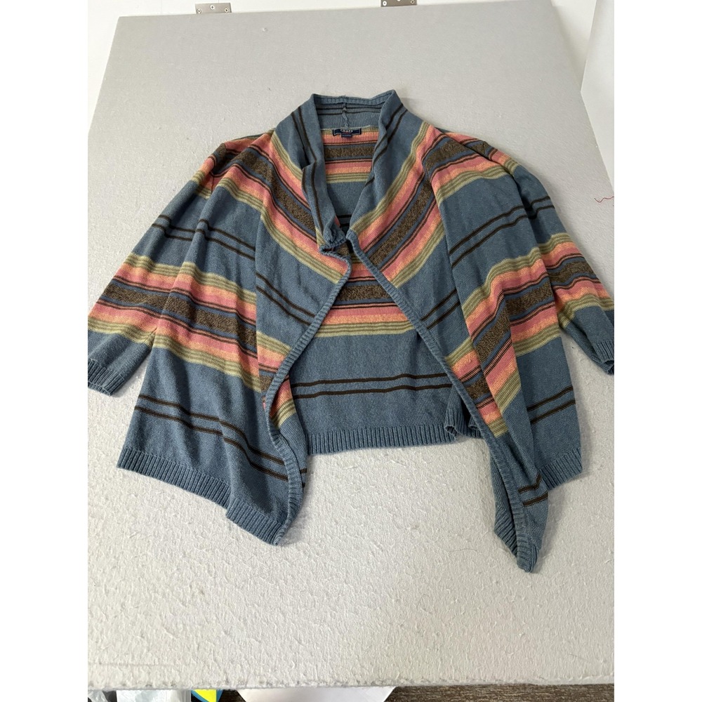 Chaps Denim Cardigan Sweater Womens Small Blue Stripe Linen Blend Open‎ Front